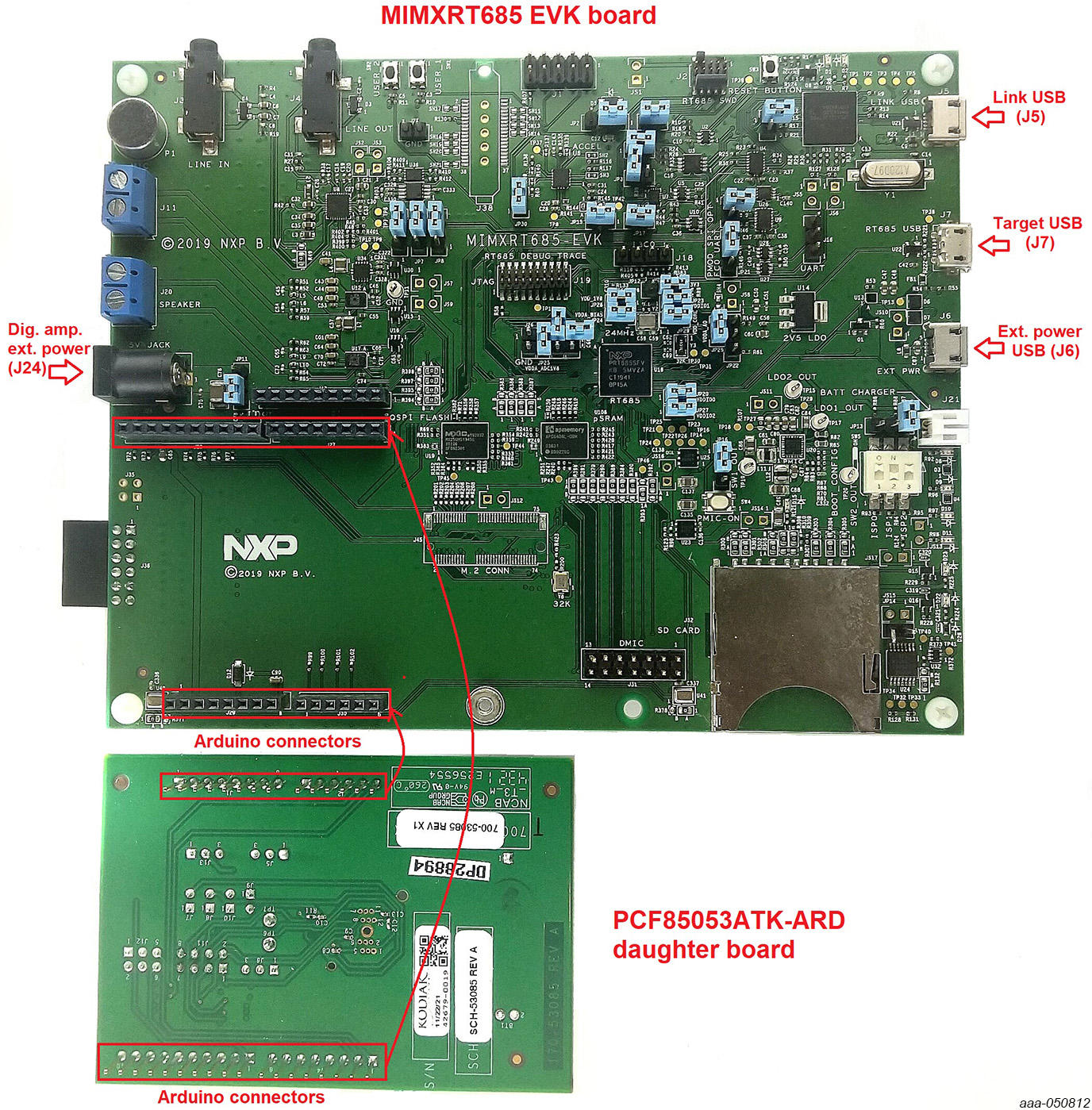 The Assembly PCF85053ATK-ARD Expansion Board and MIMXRT685-EVK