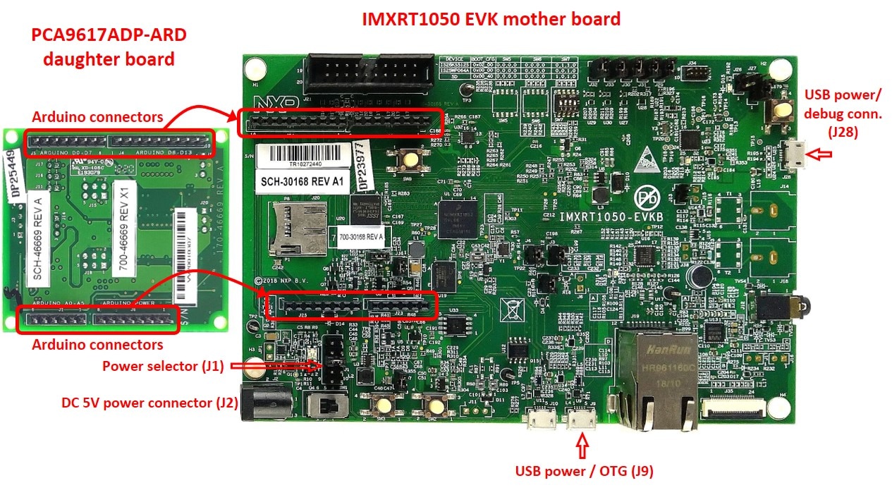 PCA9617ADP-ARD daughter board and IMXRT1050 EVK board, before starting