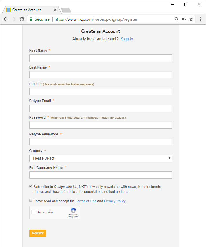 Figure 2.   Create a free NXP account