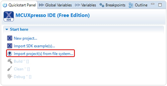 Figure 1.   MCUXpresso Quickstart Project Import from File System