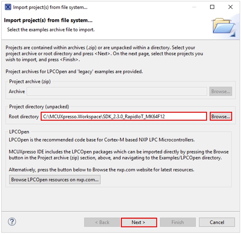 Figure 2.   MCUXpresso root directory selection