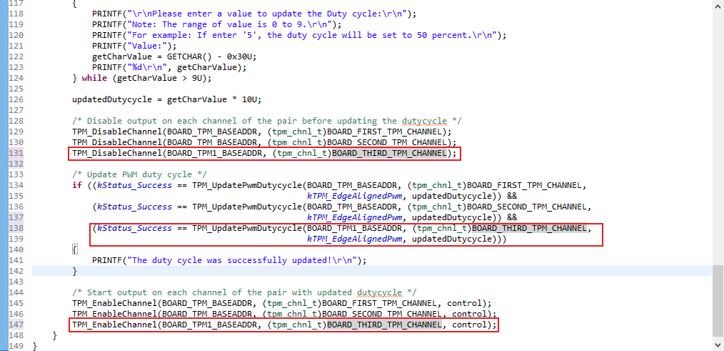 Add the TPM1_CH1 control function inside the while loop